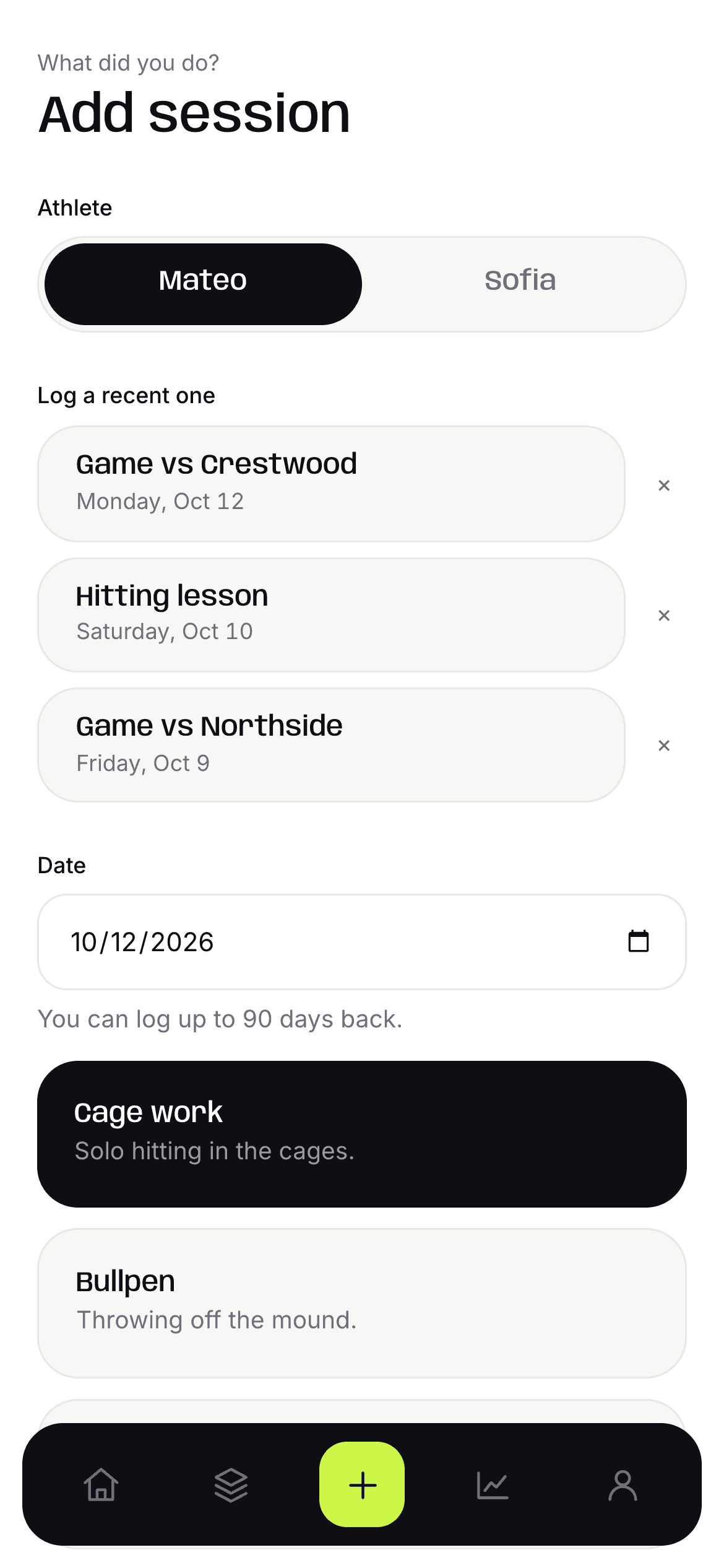 Adding a session, choosing from cage work, bullpen, practice and game