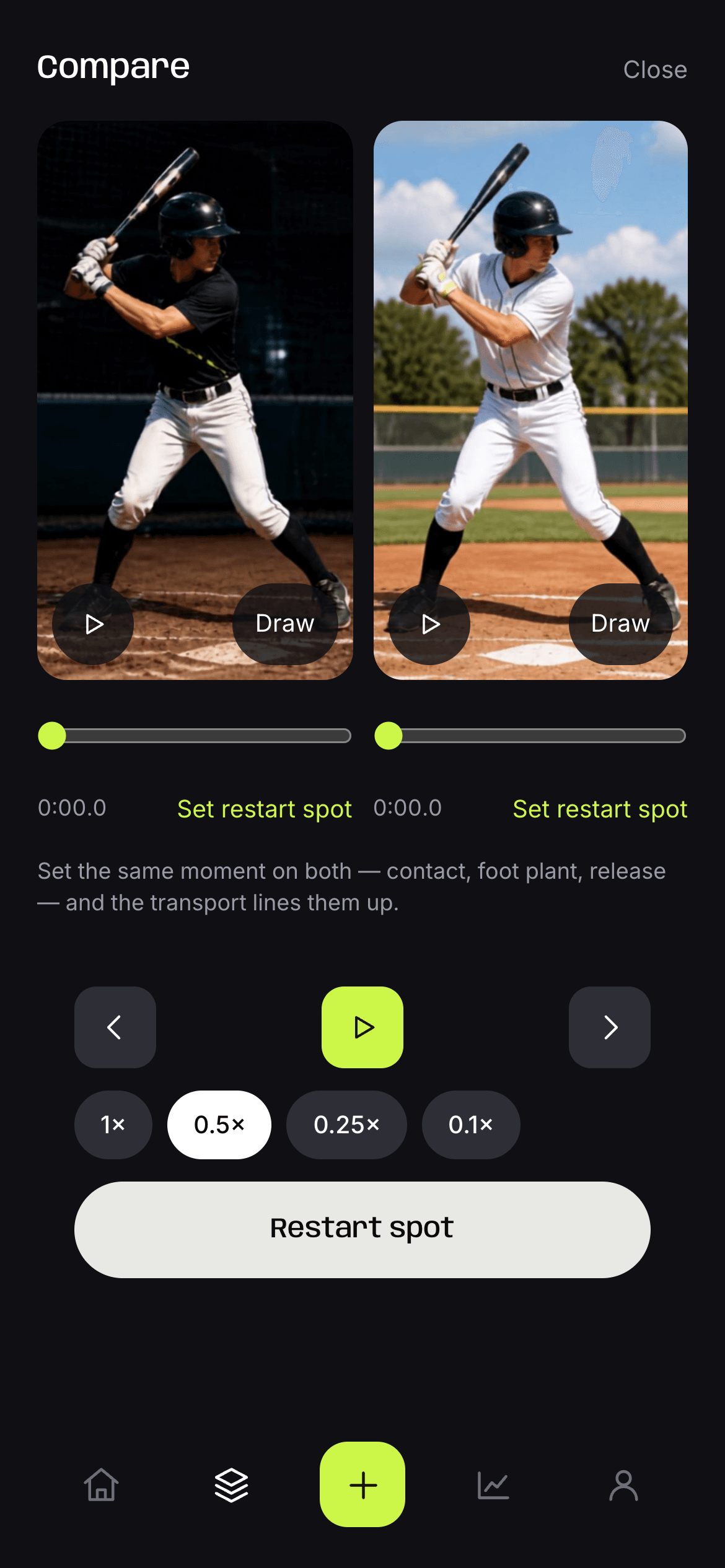 Two swings side by side in the comparison view, a winter cage session and a summer field session