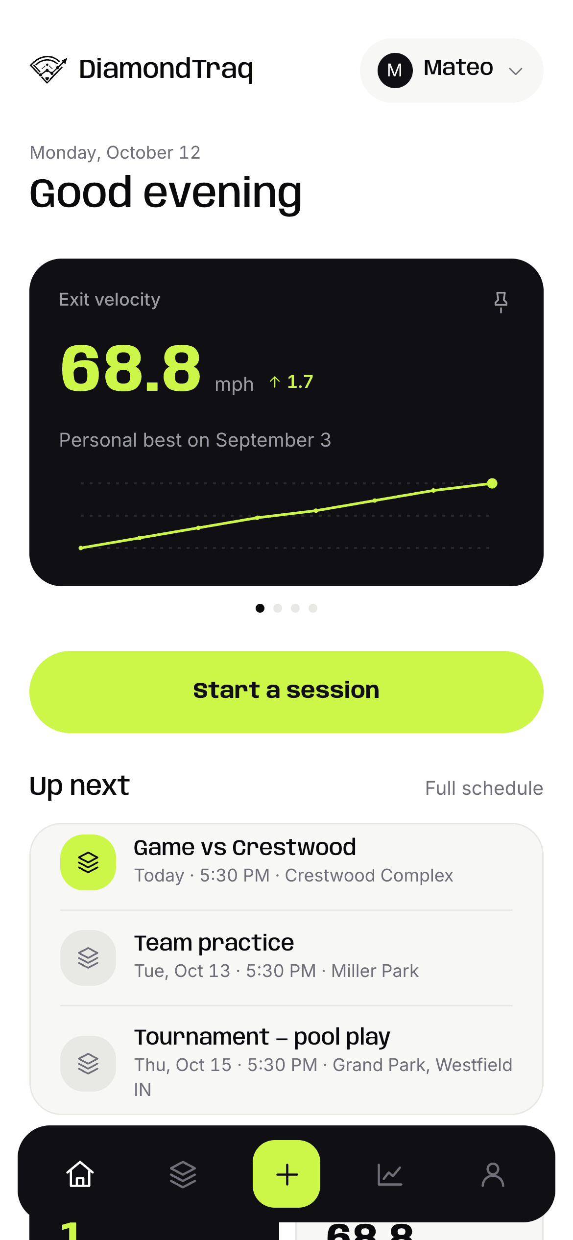 The DiamondTraq home screen, showing exit velocity and what is coming up