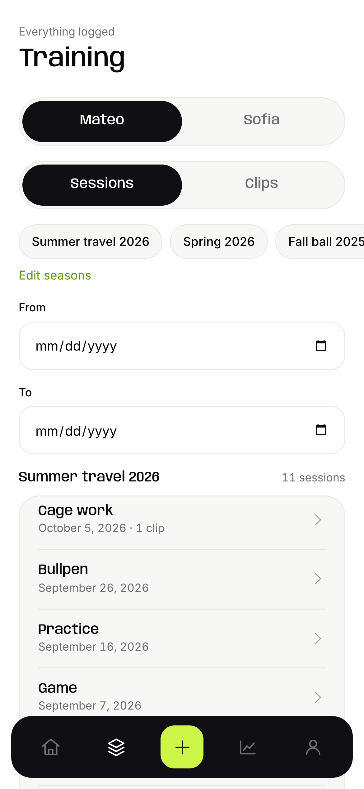 The training screen, showing sessions grouped by season